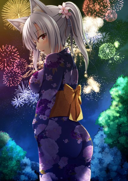 Anime picture 827x1170 with original koneko (nonnkimono) single long hair tall image blush red eyes animal ears white hair ponytail traditional clothes japanese clothes profile hair flower cat ears fireworks girl hair ornament flower (flowers) kimono