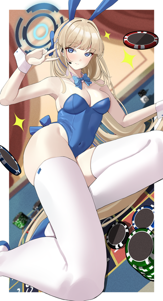 Anime picture 2305x4256 with blue archive toki (blue archive) toki (bunny) (blue archive) haerge single long hair tall image looking at viewer blush fringe highres breasts blue eyes light erotic blonde hair smile large breasts animal ears cleavage blunt bangs