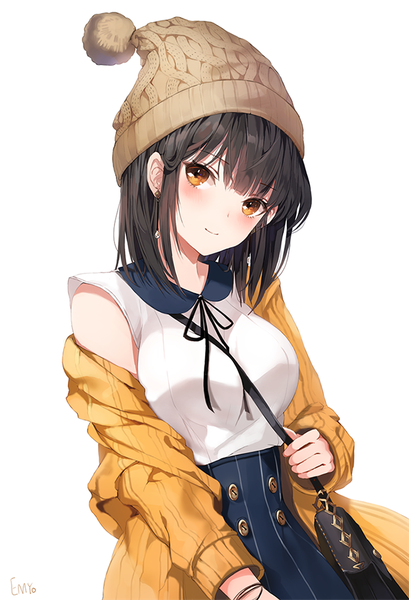 Anime picture 650x954 with original emyo single tall image blush short hair black hair simple background smile white background holding signed yellow eyes looking away between breasts girl bracelet bag cap pom pom (clothes)