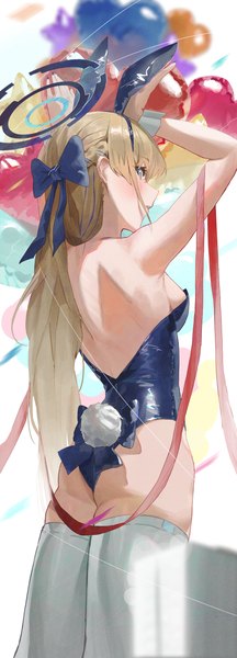Anime picture 1445x4011 with blue archive toki (blue archive) toki (bunny) (blue archive) kji (rozo) single long hair tall image looking at viewer blush fringe blue eyes light erotic blonde hair standing animal ears ass tail braid (braids) nail polish animal tail