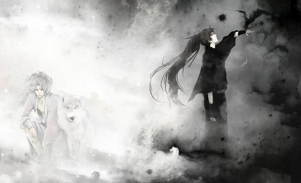 Anime picture 1025x625 with original gsgs long hair brown hair wide image white hair ponytail monochrome boy animal fingerless gloves bird (birds) bandage (bandages) wolf