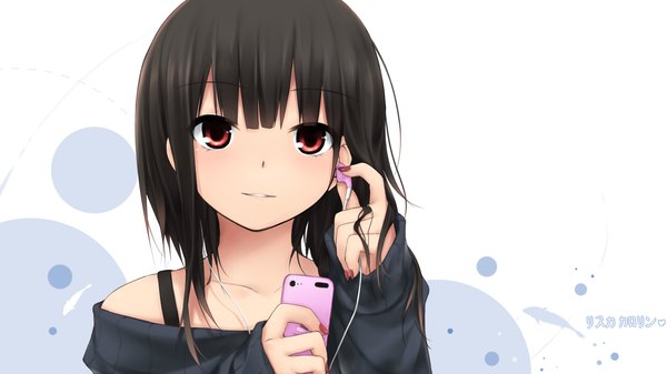 Anime picture 1600x900 with original kopianget single looking at viewer blush short hair black hair red eyes wide image girl headphones iphone