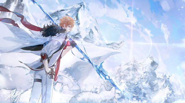 Anime picture 4970x2772 with genshin impact tartaglia (genshin impact) mors gn single highres short hair wide image absurdres sky cloud (clouds) ahoge outdoors wind orange hair hand on hip mountain weapon over shoulder boy weapon animal