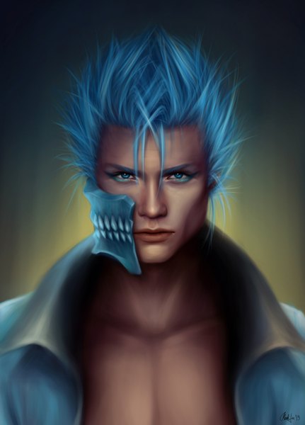 Anime picture 2144x2982 with bleach studio pierrot grimmjow jeagerjaques mochifin single tall image looking at viewer highres short hair blue eyes signed blue hair realistic eyeshadow espada arrancar boy mask