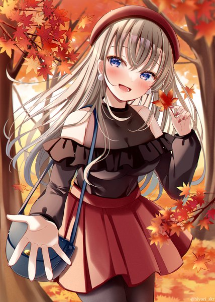 Anime picture 776x1088 with original sakura hiyori single long hair tall image looking at viewer blush open mouth blue eyes brown hair bare shoulders holding outdoors nail polish :d outstretched hand red nail polish autumn girl skirt
