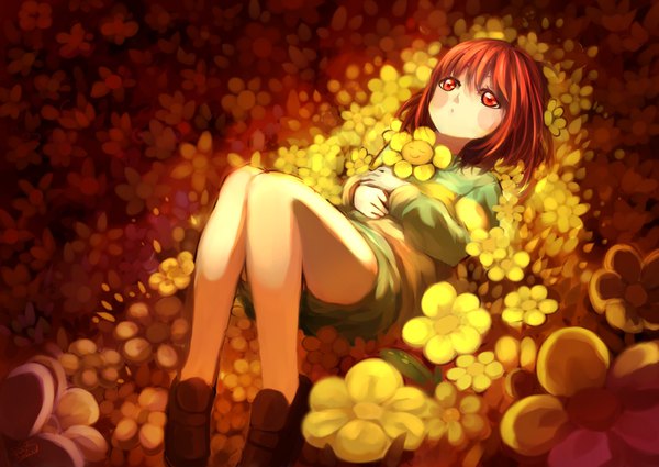 Anime picture 2039x1447 with undertale chara (undertale) flowey (undertale) clever0303 single blush fringe highres short hair smile red eyes red hair eyes closed hair flower bare legs shadow hug light looking up hands clasped