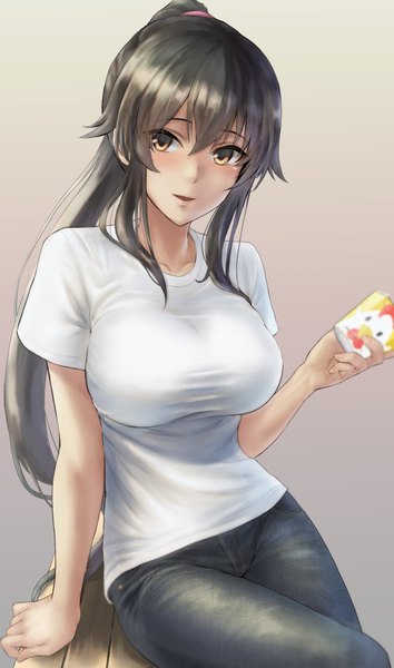 Anime picture 1173x1988 with kantai collection yahagi light cruiser kokuzou single long hair tall image looking at viewer blush fringe breasts black hair simple background smile hair between eyes large breasts sitting holding brown eyes ponytail parted lips