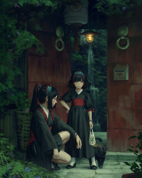 Anime picture 3276x4096 with original guweiz long hair tall image blush highres short hair black hair standing multiple girls holding payot looking away absurdres full body bent knee (knees) outdoors ponytail long sleeves traditional clothes