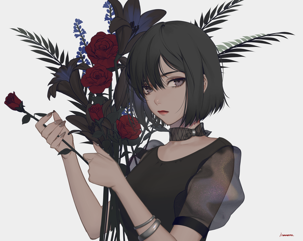 Anime picture 1885x1500 with original inanome me single looking at viewer fringe highres short hair black hair simple background upper body nail polish fingernails grey background grey eyes puffy sleeves lipstick long fingernails red lipstick girl flower (flowers)