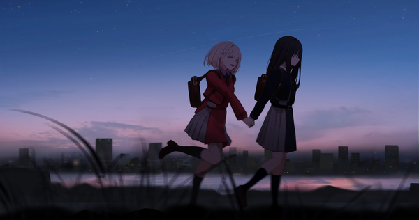 Anime picture 4096x2160 with lycoris recoil nishikigi chisato inoue takina ellase long hair highres short hair black hair blonde hair wide image multiple girls looking away absurdres outdoors eyes closed holding hands evening walking river twilight