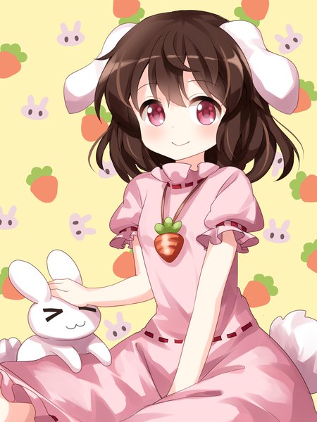 Anime picture 1000x1333 with touhou inaba tewi inaba ruu (tksymkw) single tall image looking at viewer blush fringe short hair simple background smile hair between eyes red eyes brown hair sitting animal ears tail animal tail short sleeves