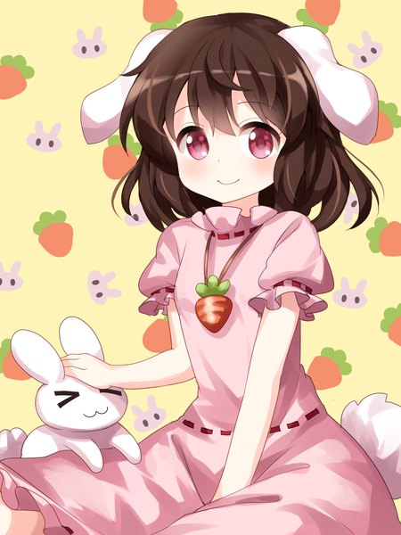 Anime-Bild 1000x1333 mit touhou inaba tewi inaba ruu (tksymkw) single tall image looking at viewer blush fringe short hair simple background smile hair between eyes red eyes brown hair sitting animal ears tail animal tail short sleeves