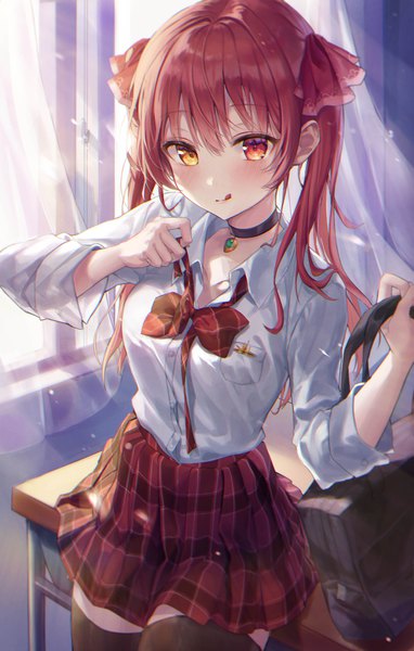 Anime-Bild 2101x3300 mit virtual youtuber hololive houshou marine aibek single long hair tall image looking at viewer blush fringe highres smile hair between eyes red eyes standing twintails holding yellow eyes red hair indoors