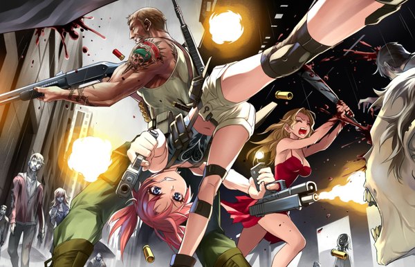 Anime picture 1748x1126 with original kriss sison long hair highres short hair breasts blue eyes blonde hair brown hair twintails pink hair cleavage tattoo city rain zombie navel weapon water shorts