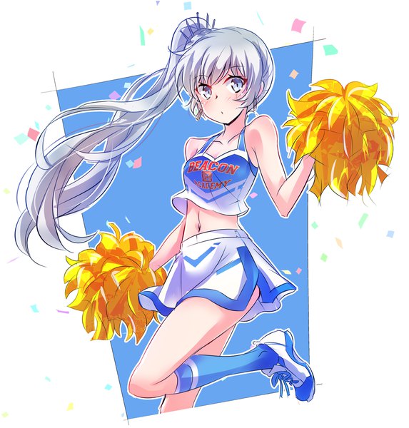 イラスト 2000x2095 と rwby rooster teeth weiss schnee いえすぱ ソロ 長髪 長身像 カメラ目線 highres 青い目 simple background 白背景 holding 銀髪 :o sleeveless scar blue background clothes writing outline