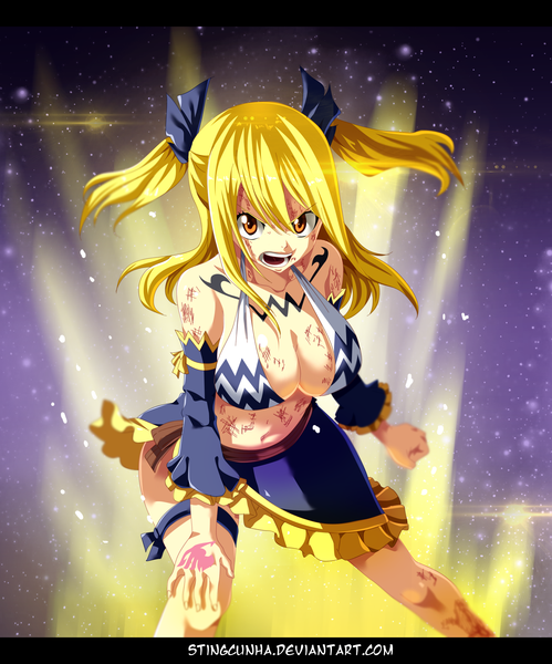 Anime picture 2079x2500 with fairy tail lucy heartfilia stingcunha single long hair tall image highres breasts open mouth light erotic blonde hair large breasts twintails brown eyes tattoo coloring magic light letterboxed angry