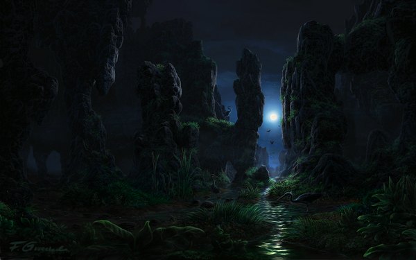 Anime picture 1680x1050 with original fel-x (artist) wide image night wallpaper night sky mountain landscape scenic river nature rock plant (plants) animal bird (birds) moon grass full moon road heron
