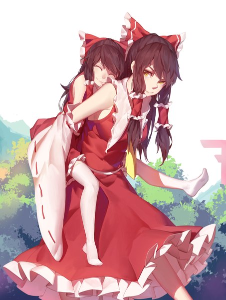 Anime picture 1200x1589 with touhou hakurei reimu nian (zhanian) long hair tall image black hair smile yellow eyes eyes closed girl thighhighs dress bow hair bow detached sleeves white thighhighs