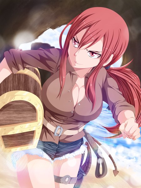 Anime picture 3000x4000 with fairy tail erza scarlet kvequiso single long hair tall image highres breasts smile red eyes large breasts ponytail red hair sunlight coloring girl shirt shorts short shorts fist