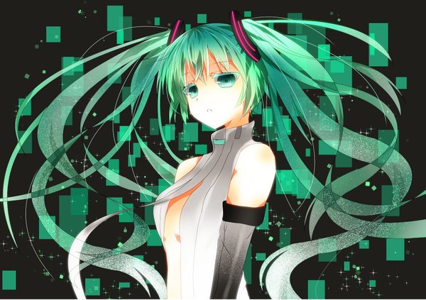 Anime picture 1767x1247 with vocaloid hatsune miku kurana single long hair looking at viewer blush highres open mouth twintails bare shoulders aqua eyes aqua hair off shoulder girl gloves hair ornament elbow gloves