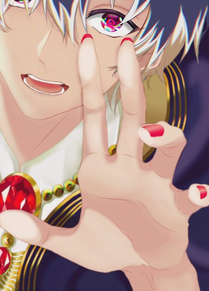 Anime picture 687x954 with idolish 7 sunohara momose irure410 single tall image looking at viewer fringe short hair open mouth black hair hair between eyes nail polish pink eyes multicolored hair two-tone hair close-up red nail polish celestial pilgrimage ~throne of the stellar~ boy gem
