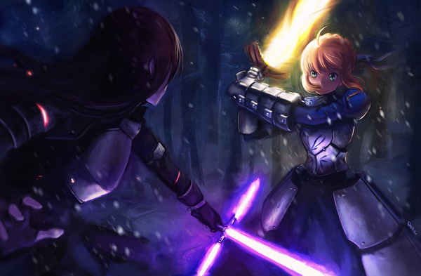 Anime picture 3000x1967 with fate (series) fate/stay night sword art online a-1 pictures artoria pendragon (all) saber kirigaya kazuto qosic long hair fringe highres short hair black hair blonde hair green eyes payot ahoge snowing battle girl