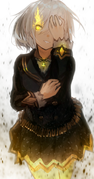 Anime picture 1864x3541 with original tarbo (exxxpiation) single tall image fringe highres short hair simple background smile hair between eyes white background yellow eyes silver hair long sleeves parted lips arm up teeth glowing glowing eye (eyes) hand on head