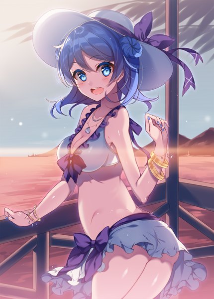 Anime picture 716x1000 with kantai collection urakaze destroyer kureaki (exit) single tall image blush fringe short hair breasts open mouth blue eyes light erotic standing bare shoulders blue hair ahoge nail polish looking back sunlight bare legs
