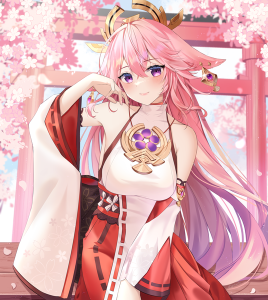 Anime picture 2500x2800 with genshin impact yae miko yshnc22 single long hair tall image looking at viewer blush fringe highres breasts smile hair between eyes large breasts standing purple eyes animal ears pink hair traditional clothes head tilt