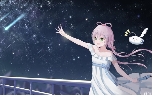 Anime picture 1671x1044 with vocaloid vocaloid china luo tianyi 71 fen xiansheng you single long hair blush fringe open mouth hair between eyes wide image twintails bare shoulders green eyes looking away purple hair arm up night night sky low twintails