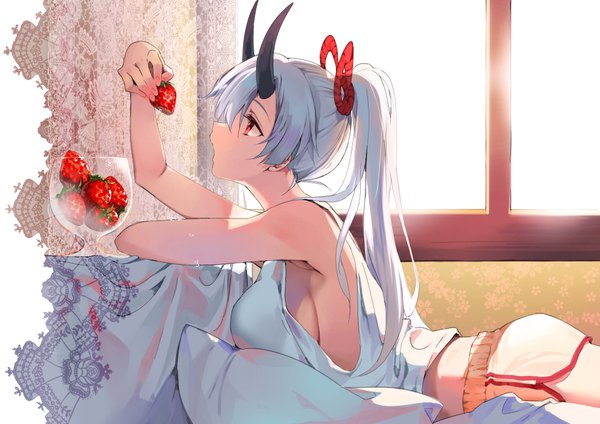 Anime picture 918x650 with fate (series) fate/grand order tomoe gozen (fate) ice (ice aptx) single long hair blush fringe breasts open mouth light erotic hair between eyes red eyes large breasts holding silver hair ponytail indoors lying profile