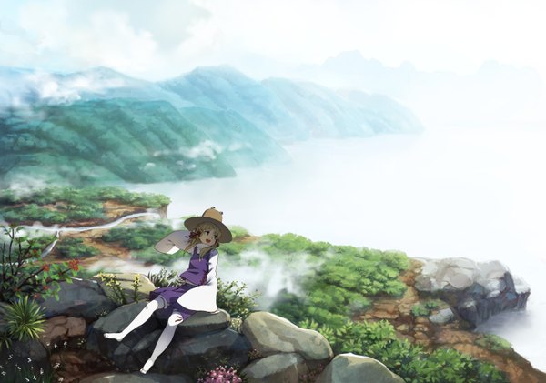 Anime picture 1422x1000 with touhou moriya suwako benitama single short hair blonde hair sitting twintails green eyes looking away long sleeves wide sleeves scenic fog lake girl thighhighs dress skirt flower (flowers)