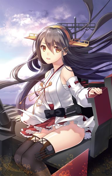 Anime picture 639x1000 with kantai collection kongou battleship eko single long hair tall image fringe open mouth light erotic black hair hair between eyes sitting bare shoulders brown eyes looking away sky cloud (clouds) long sleeves traditional clothes :d