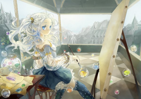 Anime picture 1200x848 with original oekaki musume (qpixiv) jane mere long hair blue eyes sitting twintails white hair braid (braids) pointy ears magic mountain elf checkered floor curly hair painting girl thighhighs dress skirt