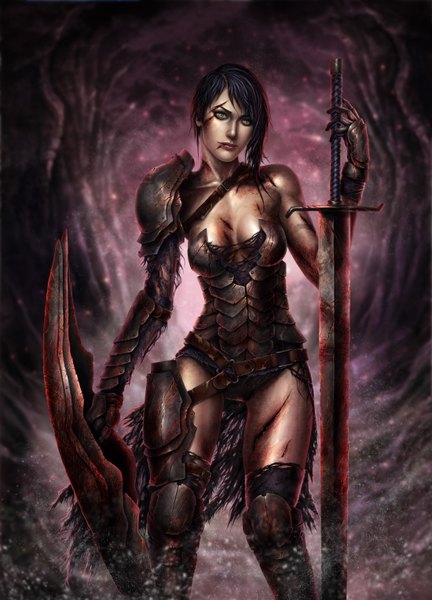 Anime picture 4400x6110 with dragon age (game) tekkoontan single long hair tall image highres black hair green eyes absurdres lips realistic torn clothes girl weapon armor blood huge weapon huge sword shield
