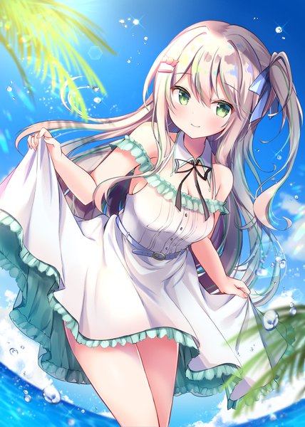 Anime picture 1042x1461 with original masayo (gin no ame) single long hair tall image looking at viewer blush fringe breasts blonde hair smile hair between eyes bare shoulders green eyes sky cleavage cloud (clouds) outdoors sparkle one side up