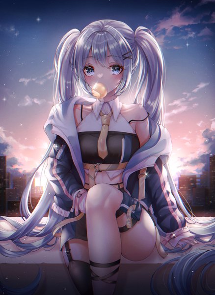 Anime picture 2480x3400 with vocaloid hatsune miku pippin sol single tall image looking at viewer blush fringe highres blue eyes sitting twintails payot blue hair sky cloud (clouds) bent knee (knees) outdoors long sleeves very long hair