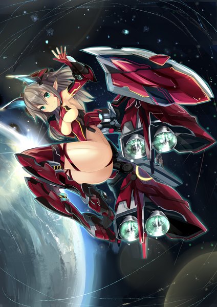 Anime picture 2480x3507 with original haik single long hair tall image blush highres breasts light erotic smile brown hair green eyes bent knee (knees) pointy ears underboob flying space mecha musume girl headdress