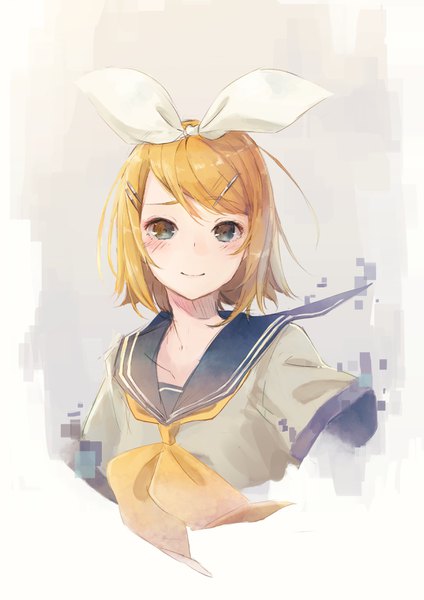 Anime picture 2480x3508 with vocaloid kagamine rin kobuta single tall image looking at viewer blush highres short hair blonde hair simple background light smile black eyes grey background portrait sailor collar girl bow hair bow hairclip