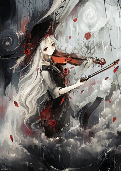Аниме картинка 712x1000 с оригинальное изображение algl rolando asahiro один (одна) длинные волосы высокое изображение смотрит на зрителя красные глаза подписанный белые волосы девушка юбка цветок (цветы) шляпа лепестки вода роза (розы) музыкальный инструмент белая роза