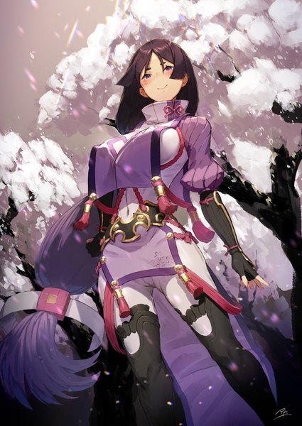Anime picture 2508x3541 with fate (series) fate/grand order minamoto no raikou (fate) pyz (cath x tech) single tall image looking at viewer blush highres light erotic smile purple eyes signed payot purple hair very long hair from below cherry blossoms covered navel cameltoe