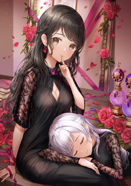 Anime picture 880x1245 with original lunacle long hair tall image looking at viewer blush fringe breasts black hair sitting multiple girls brown eyes cleavage silver hair indoors lying braid (braids) eyes closed long sleeves arm up