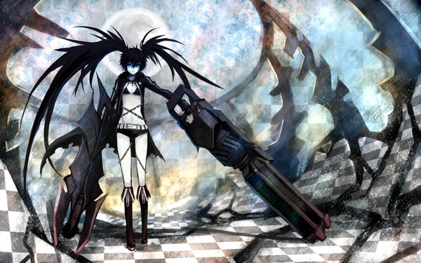 Anime picture 3440x2150 with black rock shooter black rock shooter (character) long hair looking at viewer highres blue eyes black hair wide image twintails absurdres checkered floor girl weapon shorts boots cross bikini top