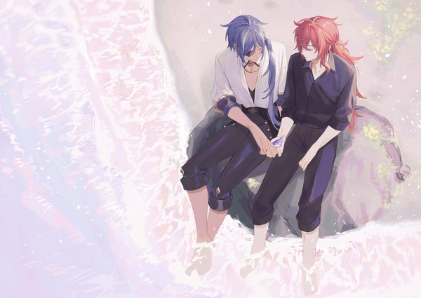 Anime picture 3541x2508 with genshin impact diluc ragnvindr kaeya alberich poi poifu long hair highres sitting blue hair absurdres red hair from above multiple boys low ponytail open collar shounen ai twisty sleeves soaking feet boy shirt sea