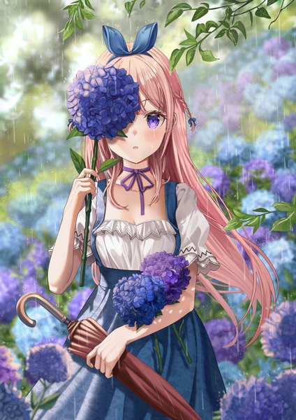 Anime-Bild 1771x2508 mit original silvertsuki single long hair tall image looking at viewer blush fringe highres open mouth standing purple eyes holding payot pink hair outdoors braid (braids) arm up blurry :o