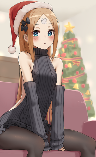 Anime picture 647x1054 with fate (series) fate/grand order abigail williams (fate) kopaka (karda nui) single long hair tall image looking at viewer blush blue eyes light erotic blonde hair sitting indoors :o back bare back bandaid on face girl dress