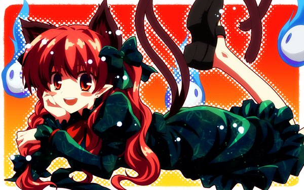 Anime picture 3840x2400 with touhou studio sdt kaenbyou rin yuuki tatsuya highres red eyes wide image animal ears red hair cat ears cat girl extra ears girl