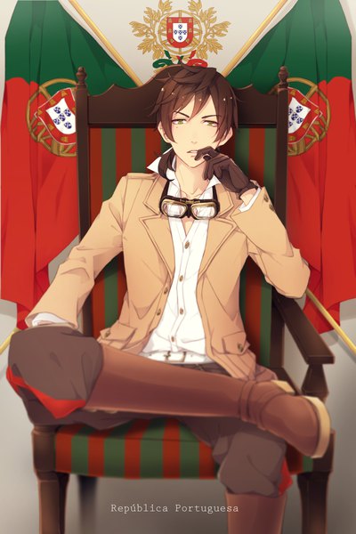 Anime picture 1200x1798 with axis powers hetalia studio deen portugal (hetalia) utaoka (23com) single tall image looking at viewer short hair brown hair sitting green eyes open jacket open collar boy gloves shirt black gloves glasses jacket boots