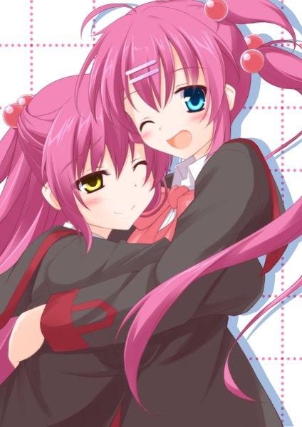 Anime picture 850x1202 with little busters! key (studio) saigusa haruka futaki kanata aqwiz (artist) long hair tall image blush open mouth blue eyes smile multiple girls yellow eyes purple hair one eye closed wink hug girl uniform 2 girls