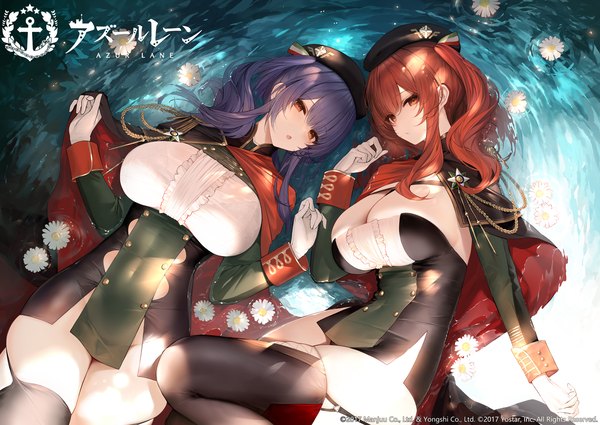 Anime picture 2000x1415 with azur lane zara (azur lane) pola (azur lane) an yasuri long hair looking at viewer fringe highres breasts open mouth light erotic red eyes large breasts twintails multiple girls purple hair red hair lying blunt bangs official art